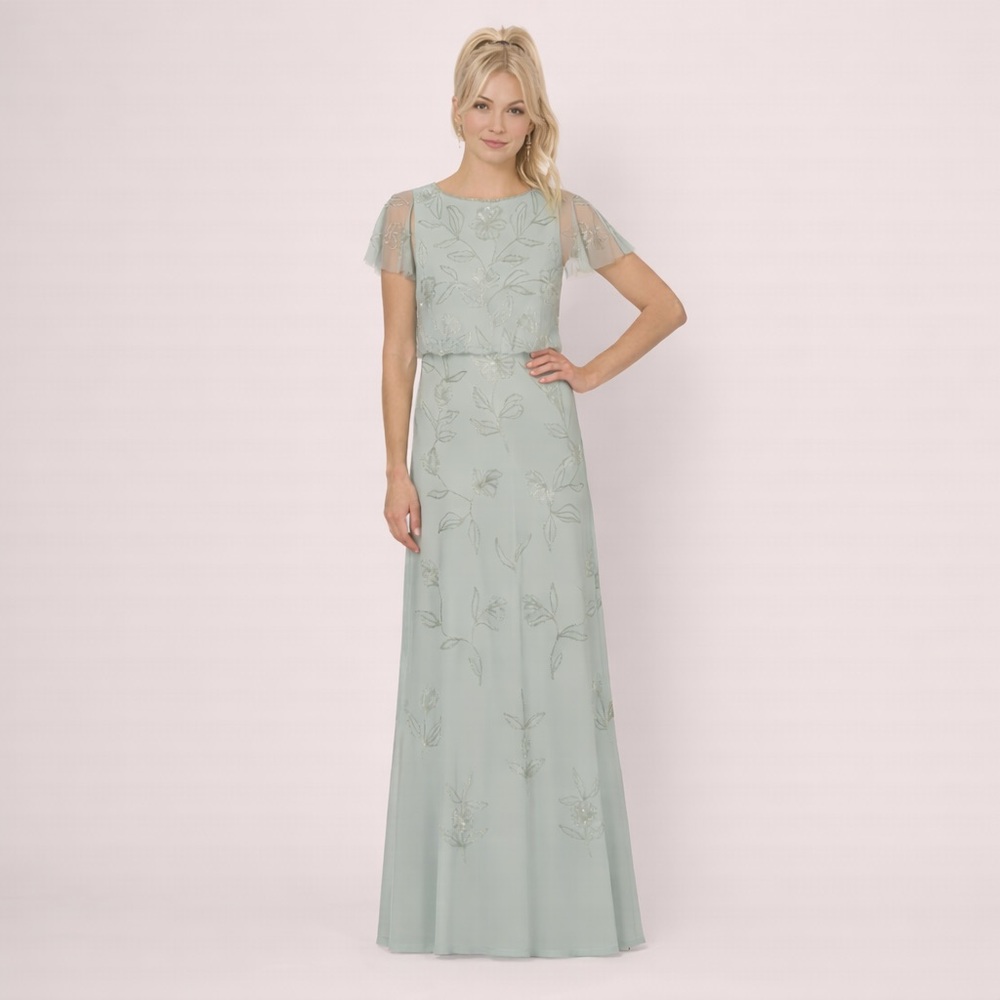 Adrianna Papell Sage Green Beaded Floral Maxi Gown Size 12 NWT GALA MOB Formal